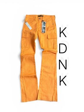 New Men's Orange KDNK Cargo Stacked Denim Jeans